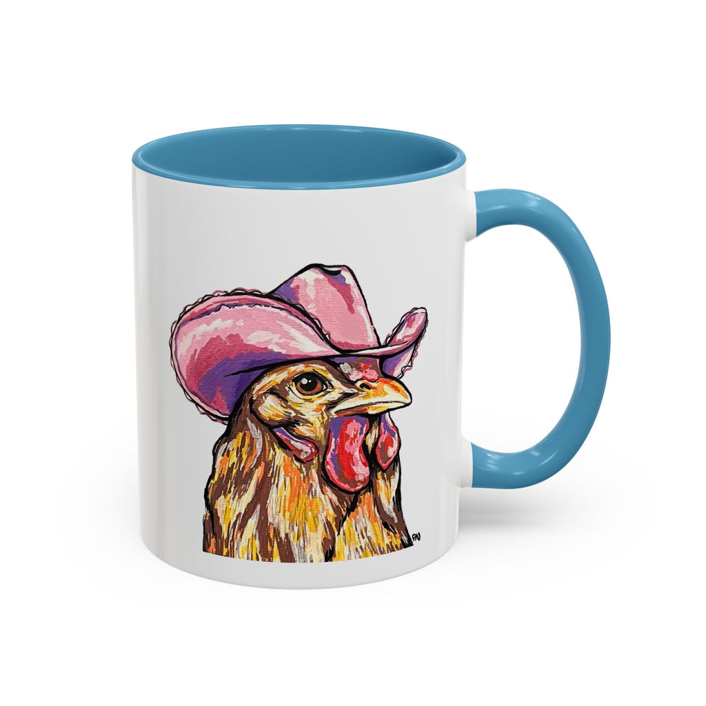Cowgirl Chicken Coffee Mug — Colorful Hen Wearing Pink Cowboy Hat (Accent Mug, 11/15oz)