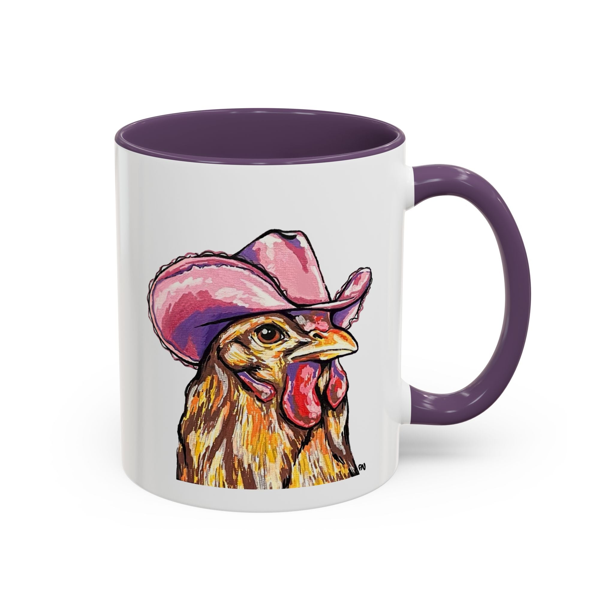 Cowgirl Chicken Coffee Mug — Colorful Hen Wearing Pink Cowboy Hat (Accent Mug, 11/15oz)