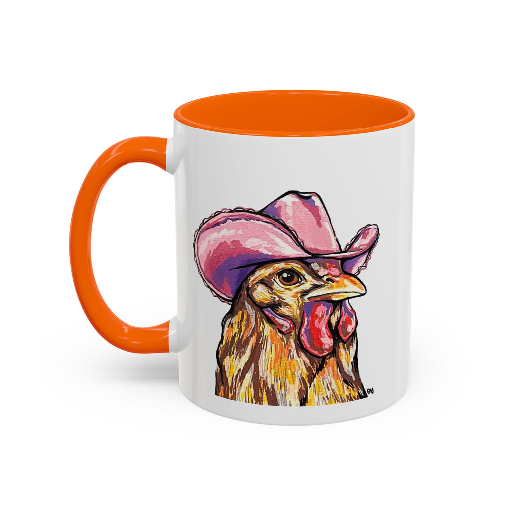 Cowgirl Chicken Coffee Mug — Colorful Hen Wearing Pink Cowboy Hat (Accent Mug, 11/15oz)