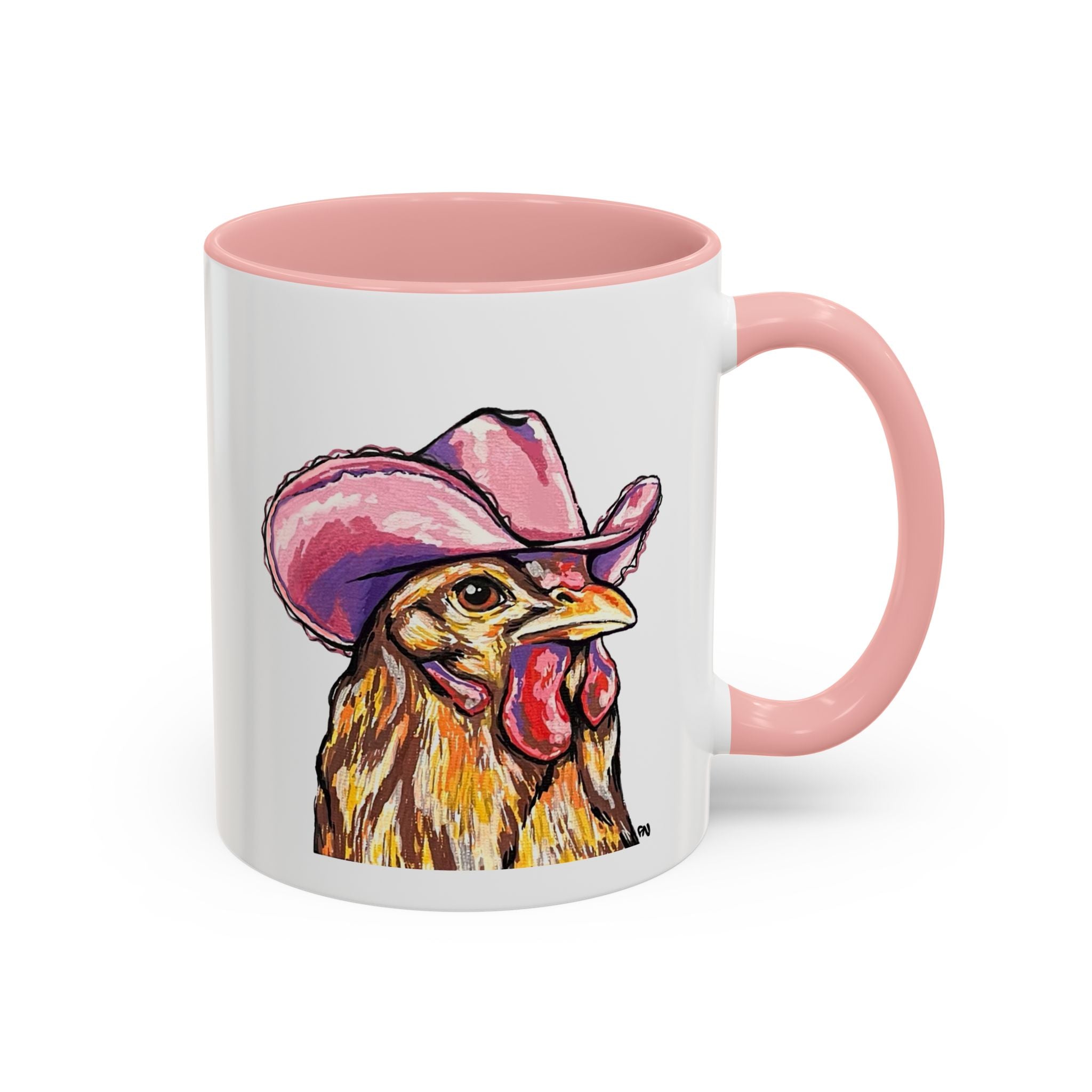 Cowgirl Chicken Coffee Mug — Colorful Hen Wearing Pink Cowboy Hat (Accent Mug, 11/15oz)