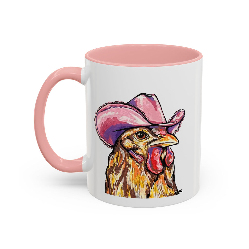 Cowgirl Chicken Coffee Mug — Colorful Hen Wearing Pink Cowboy Hat (Accent Mug, 11/15oz)
