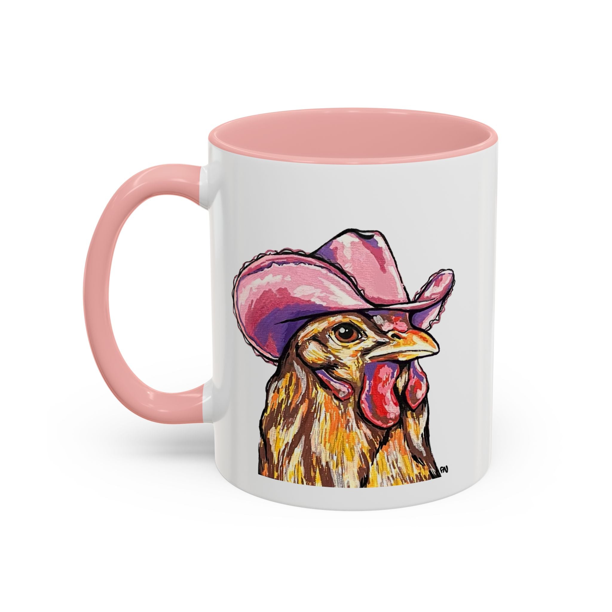 Cowgirl Chicken Coffee Mug — Colorful Hen Wearing Pink Cowboy Hat (Accent Mug, 11/15oz)