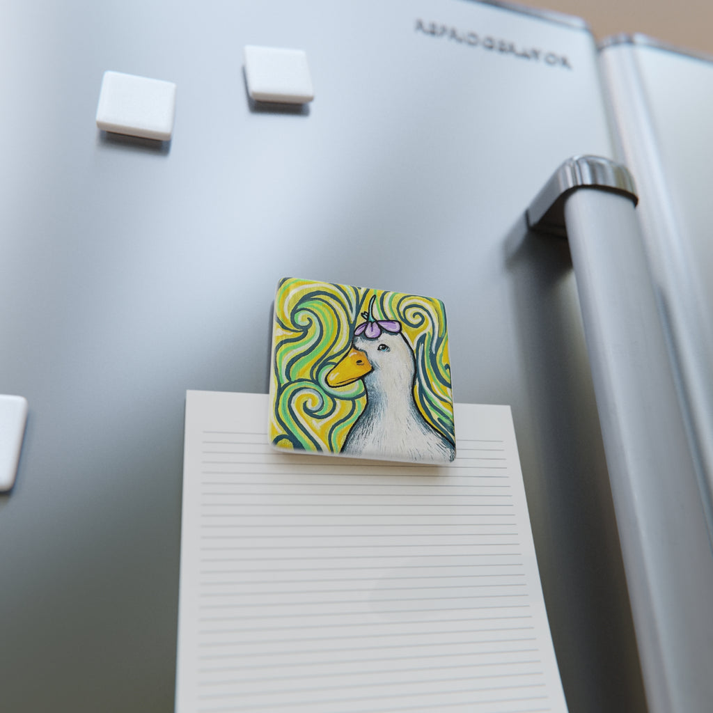 Goose Drawing on a Porcelain Magnet, Square