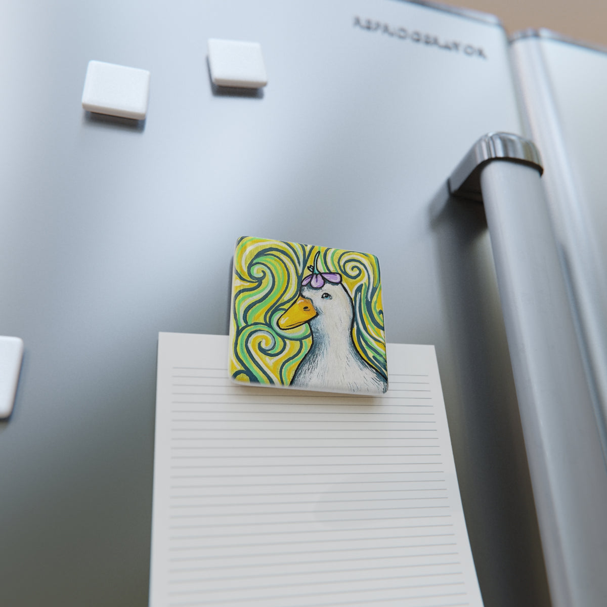 Goose Drawing on a Porcelain Magnet, Square