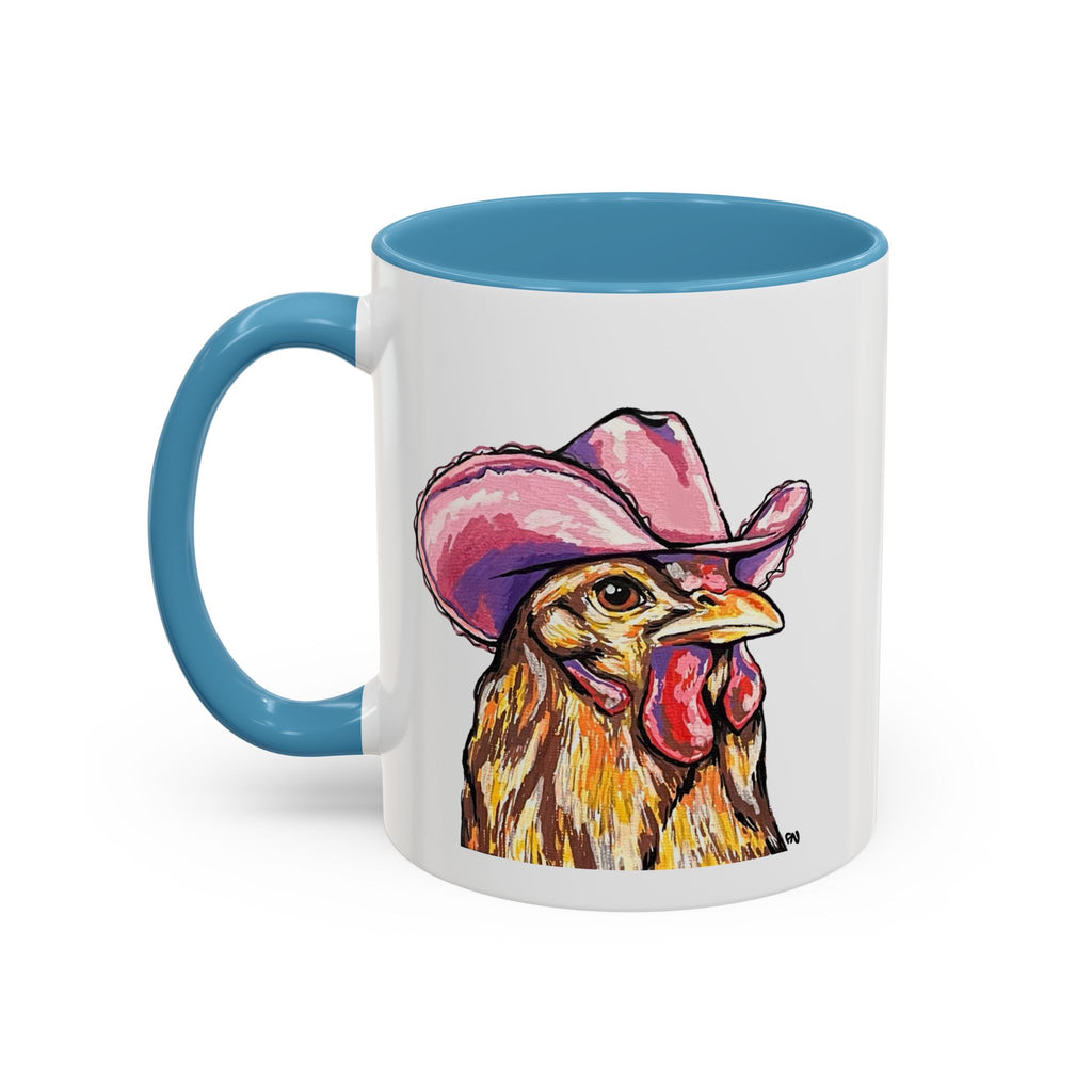 Cowgirl Chicken Coffee Mug — Colorful Hen Wearing Pink Cowboy Hat (Accent Mug, 11/15oz)