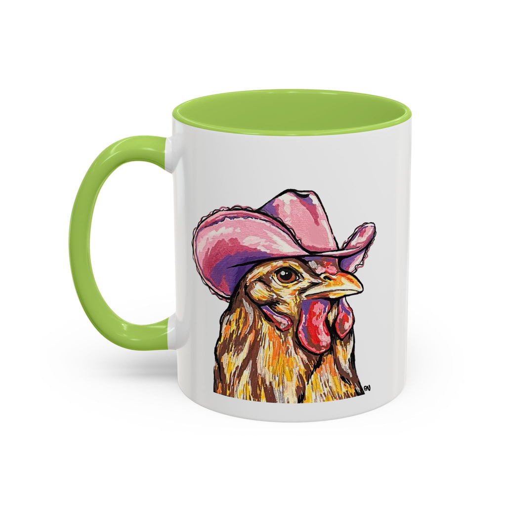 Cowgirl Chicken Coffee Mug — Colorful Hen Wearing Pink Cowboy Hat (Accent Mug, 11/15oz)