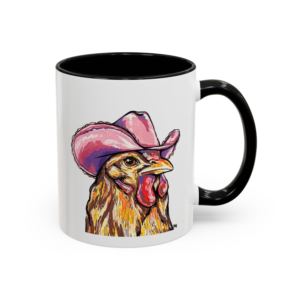Cowgirl Chicken Coffee Mug — Colorful Hen Wearing Pink Cowboy Hat (Accent Mug, 11/15oz)