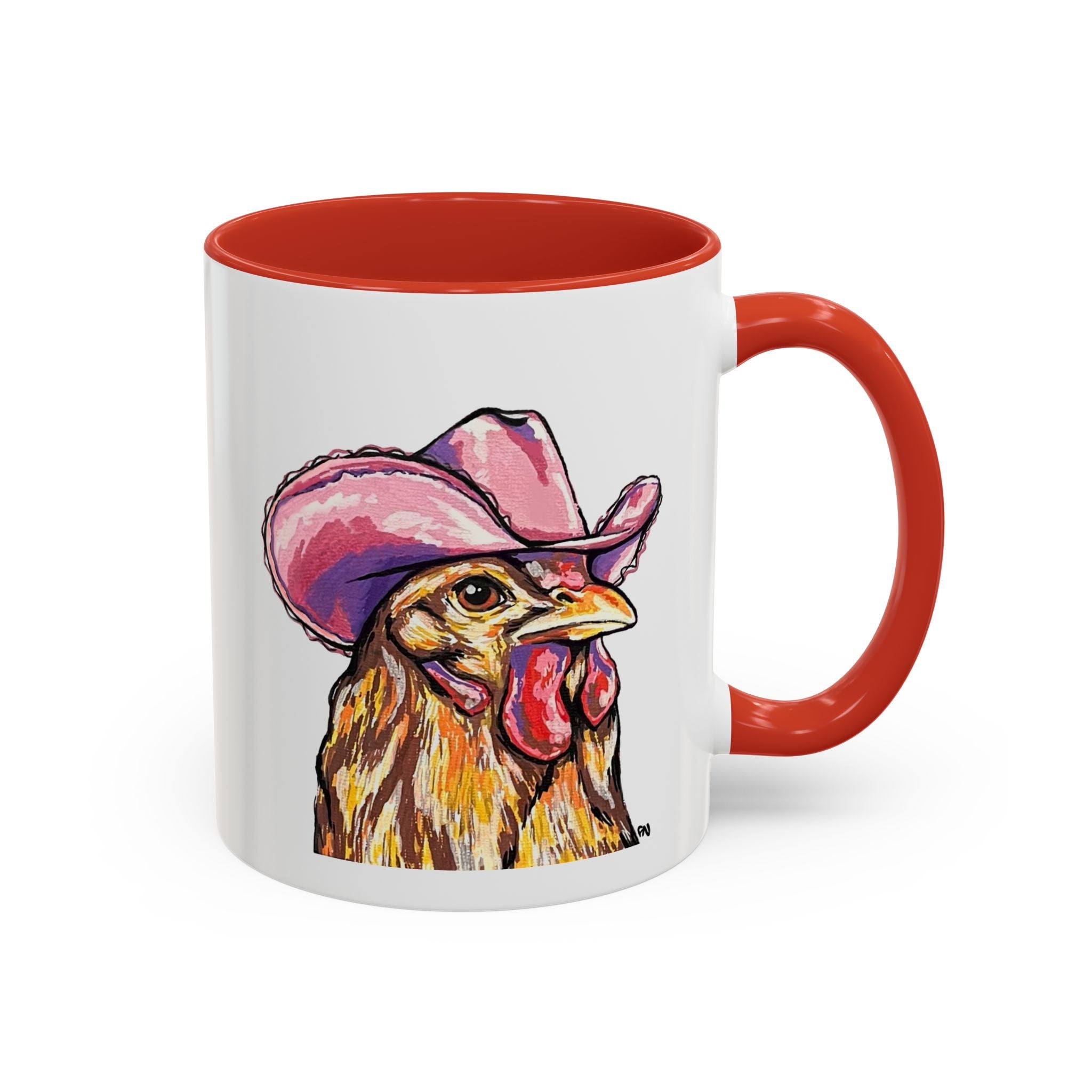 Cowgirl Chicken Coffee Mug — Colorful Hen Wearing Pink Cowboy Hat (Accent Mug, 11/15oz)