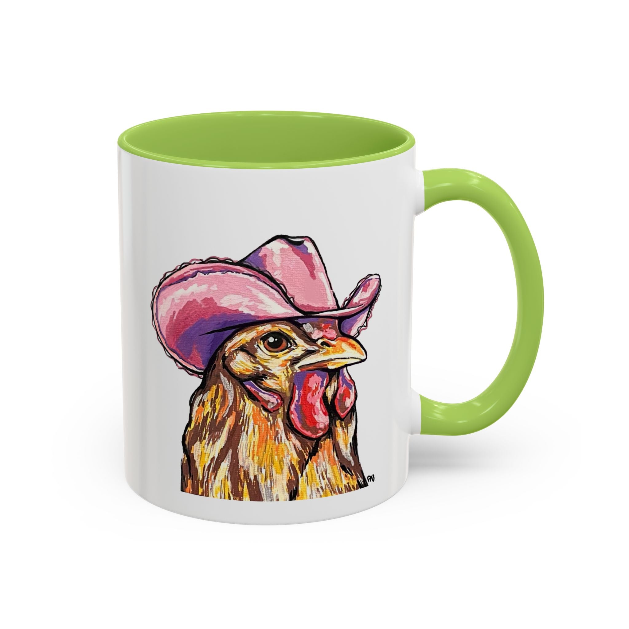 Cowgirl Chicken Coffee Mug — Colorful Hen Wearing Pink Cowboy Hat (Accent Mug, 11/15oz)
