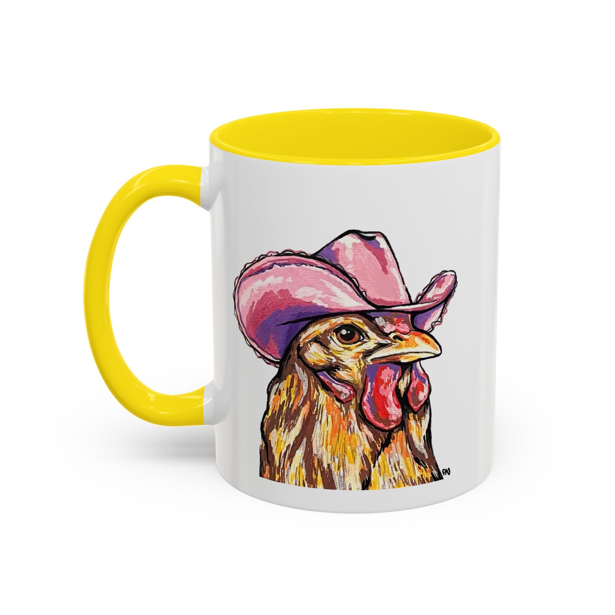 Cowgirl Chicken Coffee Mug — Colorful Hen Wearing Pink Cowboy Hat (Accent Mug, 11/15oz)
