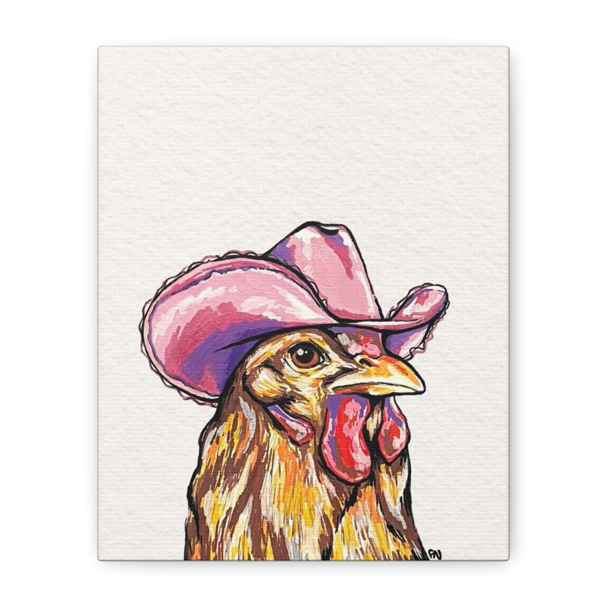 Cowgirl Chicken Drawing on a Stretched Canvas