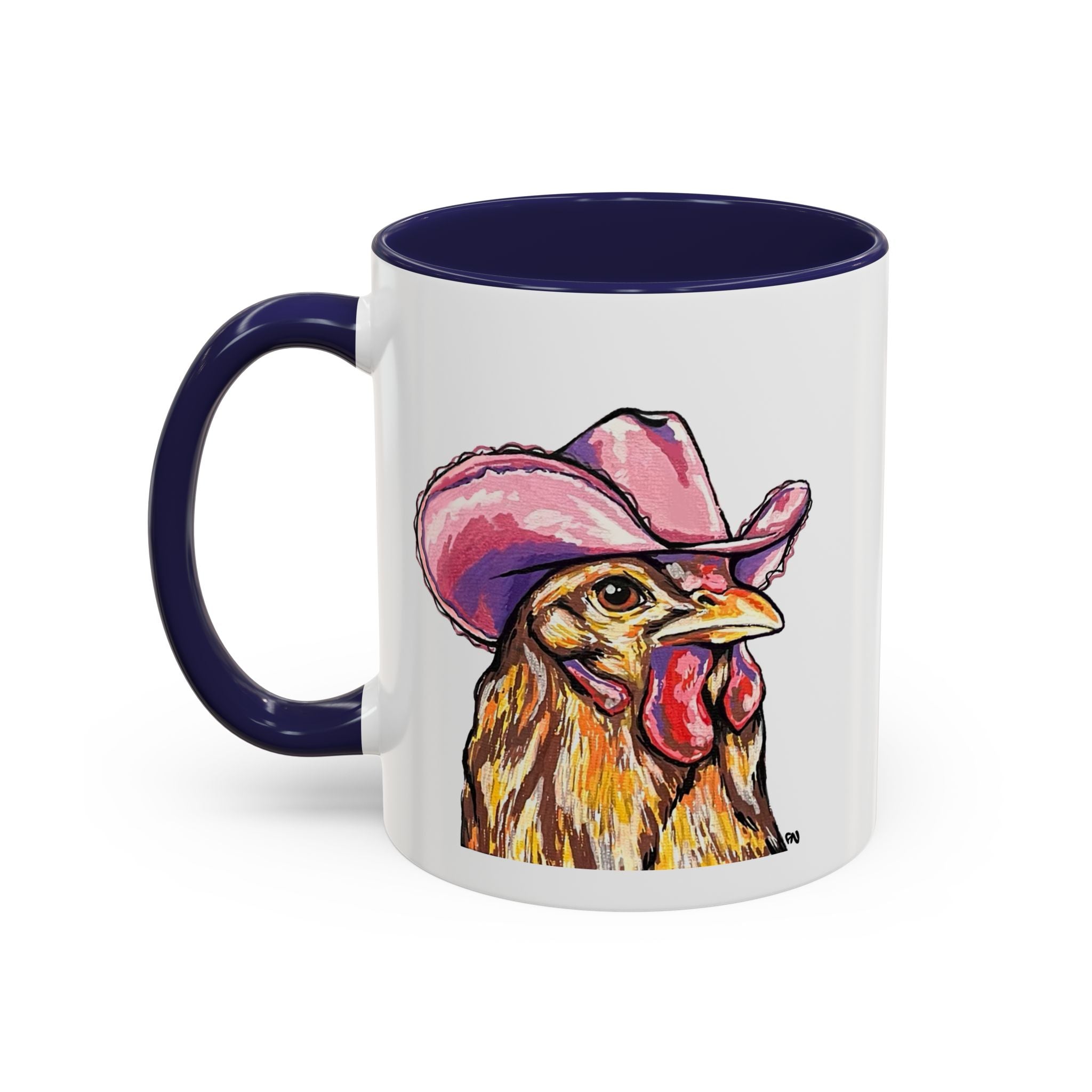 Cowgirl Chicken Coffee Mug — Colorful Hen Wearing Pink Cowboy Hat (Accent Mug, 11/15oz)