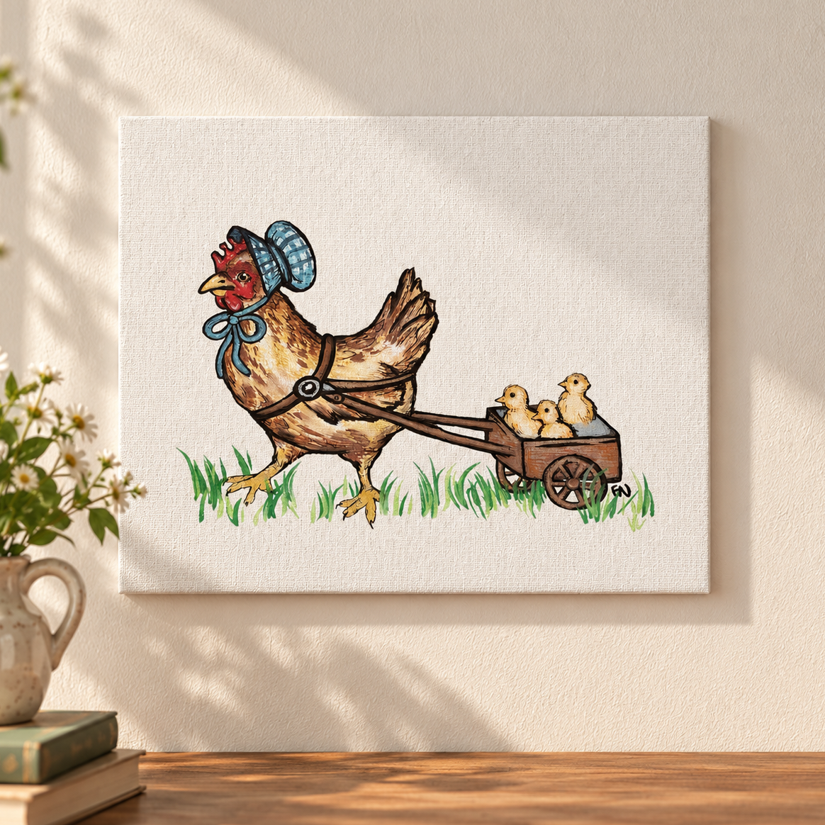 Mother Hen and Baby Chicks on a Stretched Canvas