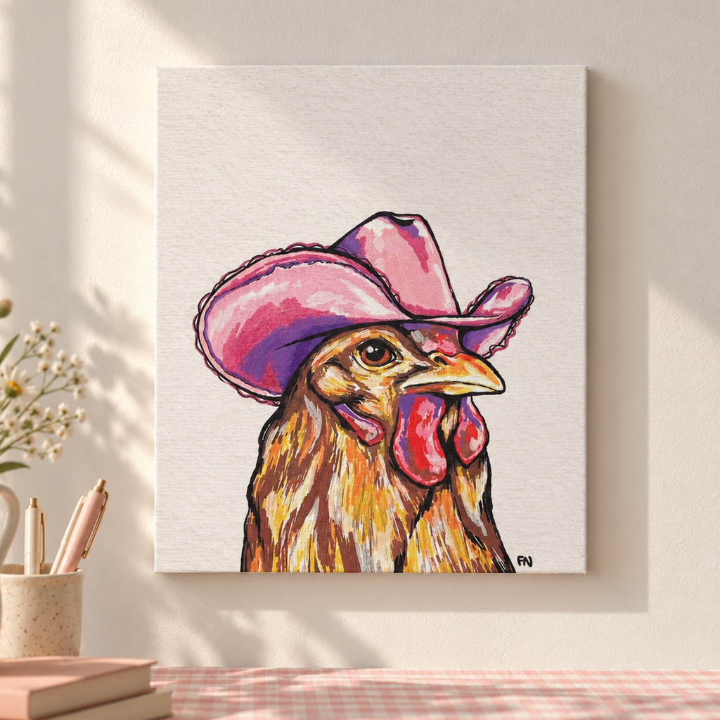 Cowgirl Chicken Drawing on a Stretched Canvas